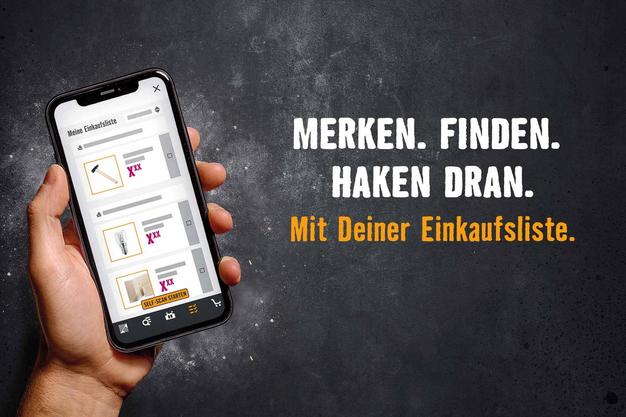 Ein Smartphone mit der geöffneten HORNBACH Einkaufsliste in der Hand