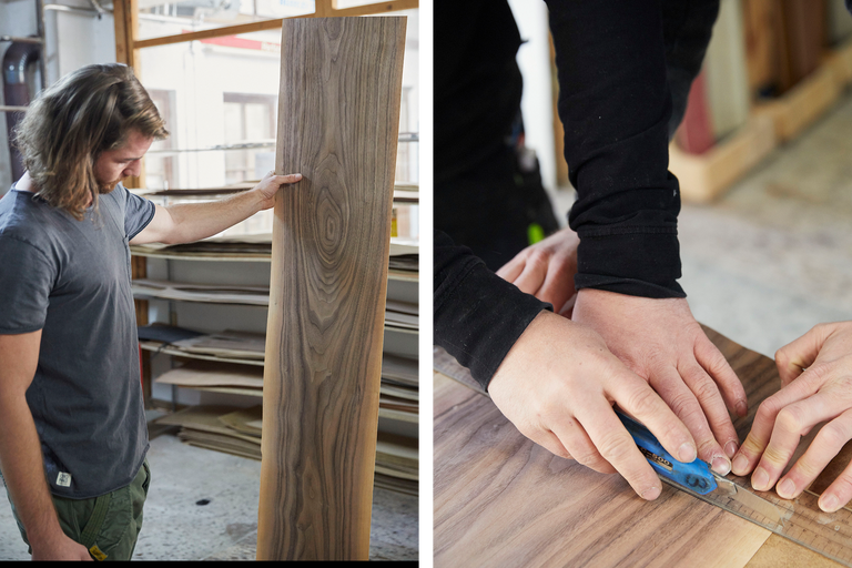 Zwei Handwerker bearbeiten eine Furnierplatte mit einem Cutter und einem Lineal.