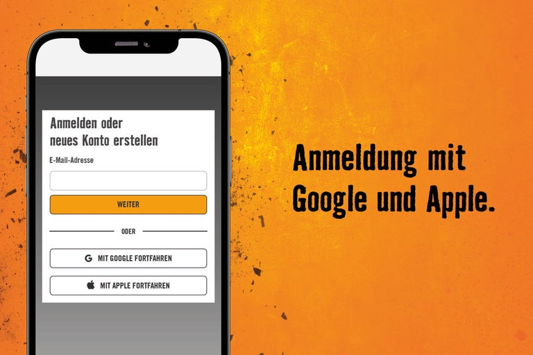 Anmeldebildschirm eines Smartphones mit Optionen zur Anmeldung oder Kontoerstellung mit Google und Apple