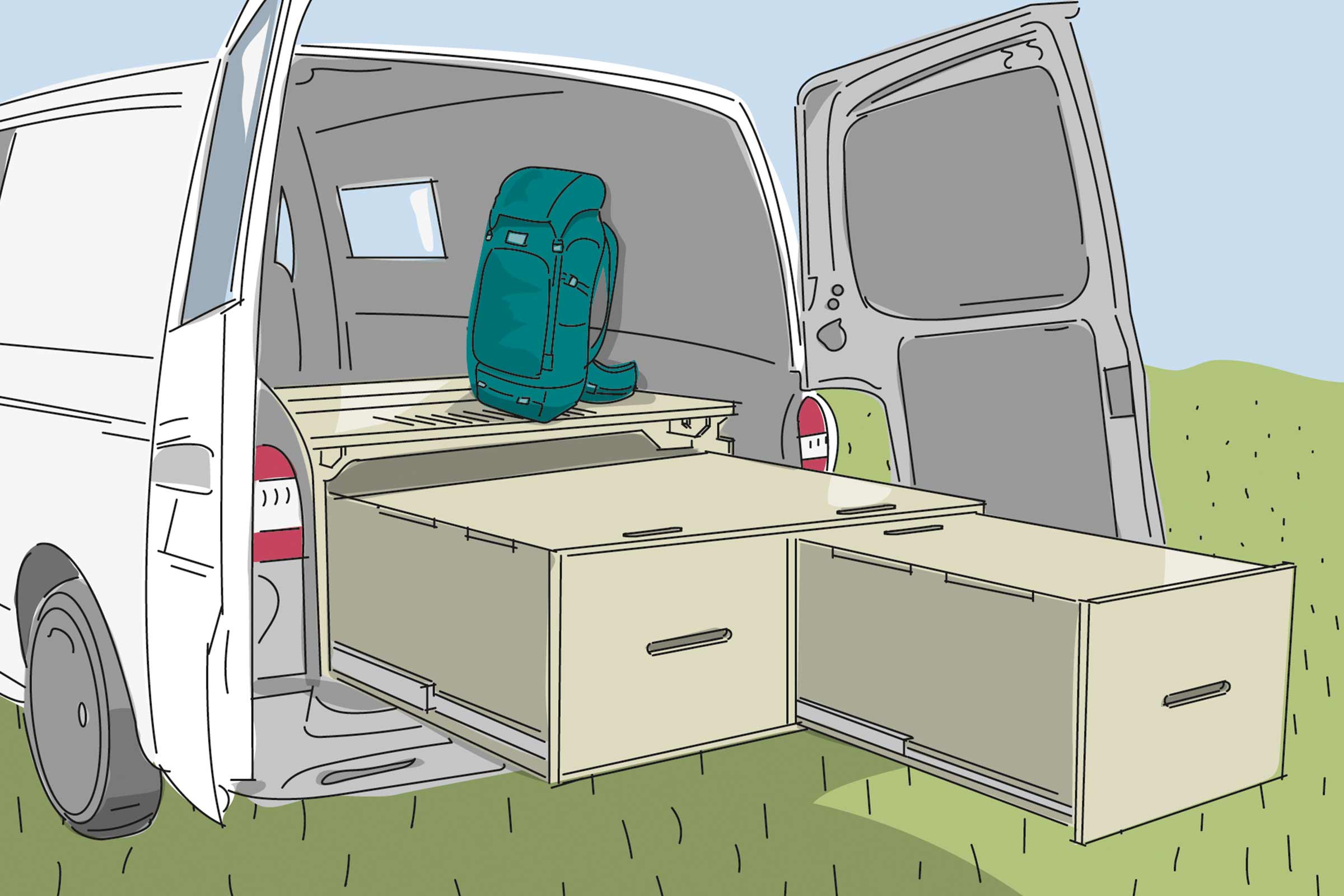 Illustration des Innenraums eines Lieferwagens mit Auszugsschubladen und einem Rucksack