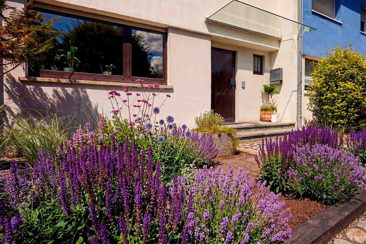 Vorgarten mit violetten Stauden wie Lavendel und Salbei vor einem Hauseingang mit Glasvordach und dunkler Holztür.