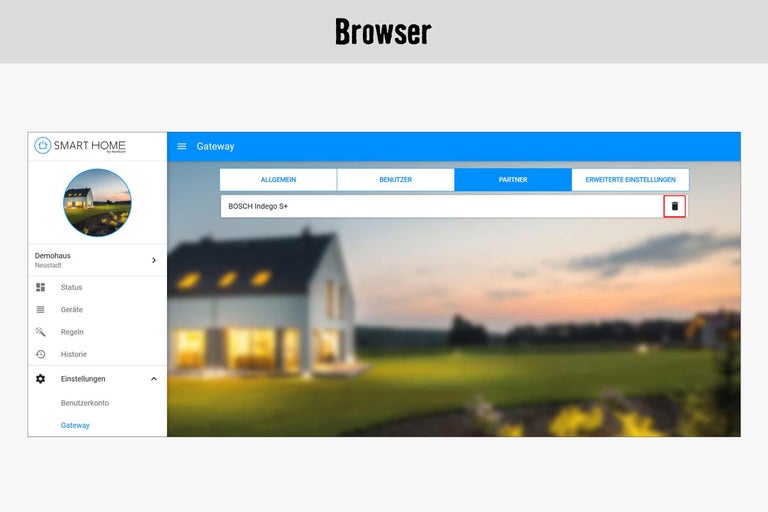 Smart Home Browseransicht mit Gateway Einstellungen und Löschfunktion