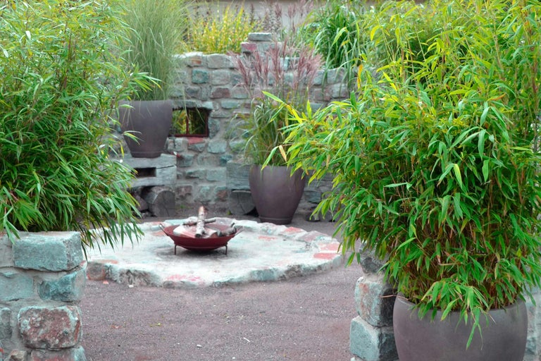 Gestalteter Gartenbereich mit Bambuspflanzen in Töpfen, Feuerstelle und Steinmauer