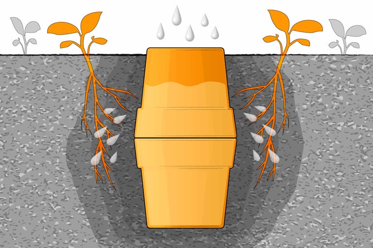 Illustration von zwei Töpfen, die übereinander in der Erde stecken. Die Unterseite des oberen Topfs schaut aus der Erde und wird durch Wassertropfen feucht. In der Erde sind Wurzeln von Pflanzen. Neben den Töpfen in der Erde sind Wassertropfen in Richtung Wurzeln.
