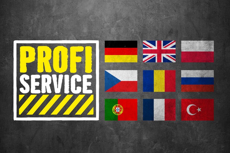 Grafik mit dem Text Profi Service und verschiedenen Nationalflaggen als Hinweis auf internationale Serviceangebote.