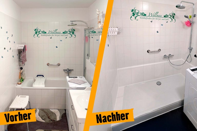 Vorher-Nachher-Vergleich eines Badezimmers mit altersgerechtem Umbau