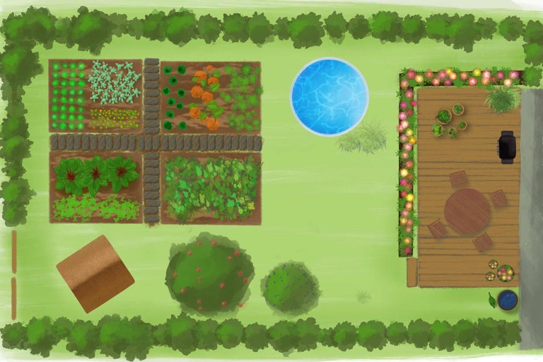 Illustration eines Gartens mit Gemüsebeeten, Pool und Terrasse (Draufsicht)