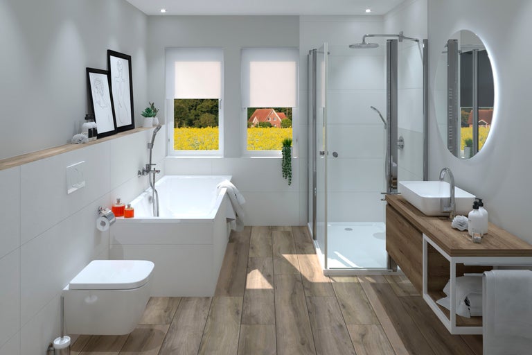 Helles Badezimmer mit Badewanne, Dusche und Waschtisch