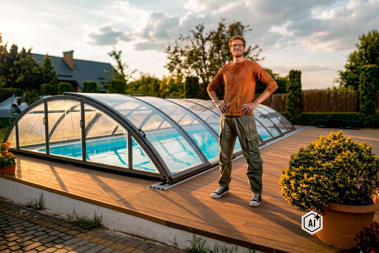 Mann steht auf einer Holzterrasse vor einer großen Poolüberdachung im Garten bei sonnigem Wetter.