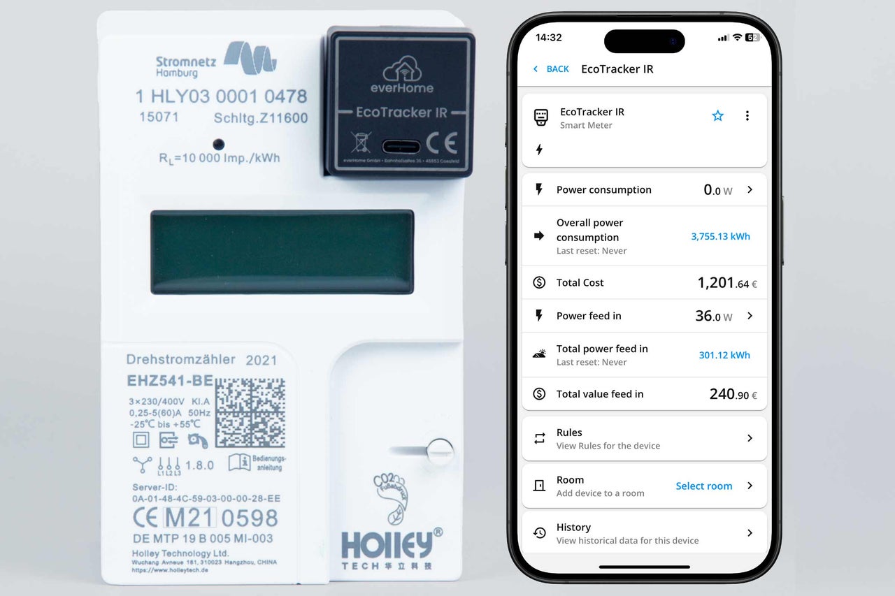 Stromzähler mit angebrachtem EcoTracker IR und Smartphone-App zur Verbrauchsanzeige
