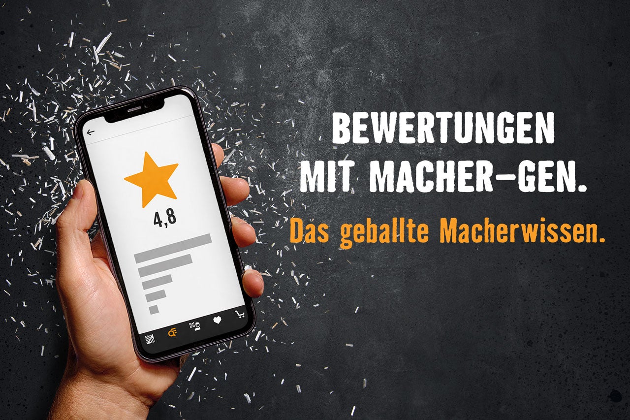 Smartphone mit Artikelbewertung in der HORNBACH App, daneben der Text „Bewertungen mit Macher-Gen. Das geballte Macherwissen.“