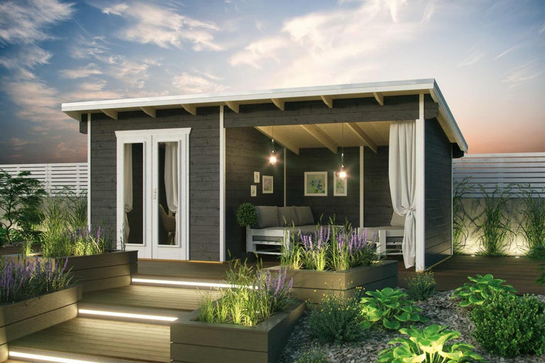 Gartenhaus mit Terrasse, Lounge-Bereich und Bepflanzung