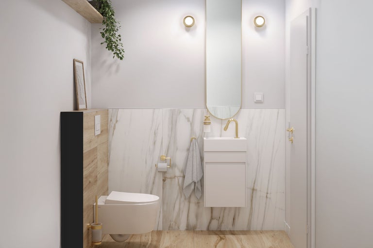 Modernes Badezimmer mit Waschtisch, Spiegel und Toilette