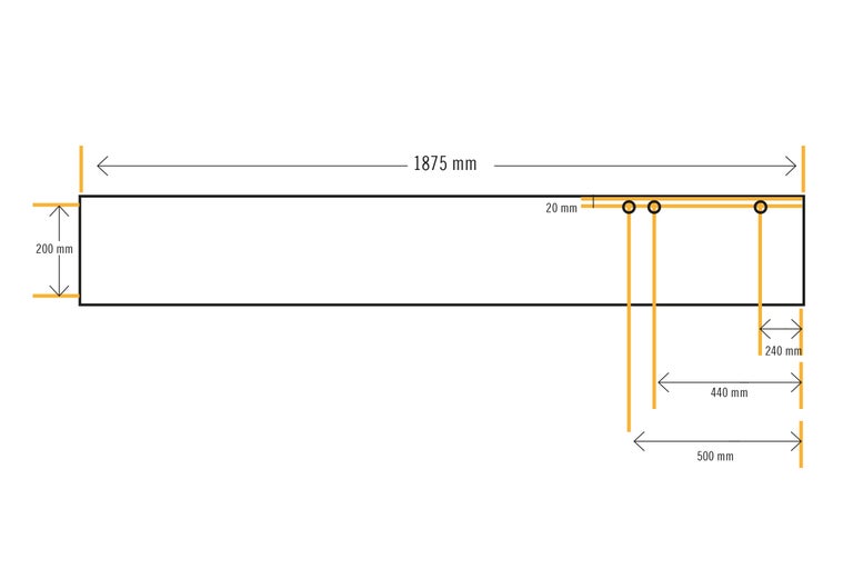 Technische Zeichnung eines Holzbretts mit Maßangaben