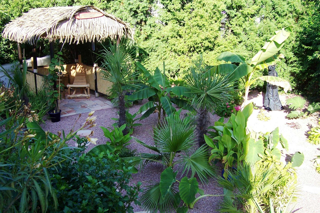 Gartenlandschaft mit Tiki-Bar und tropischen Pflanzen