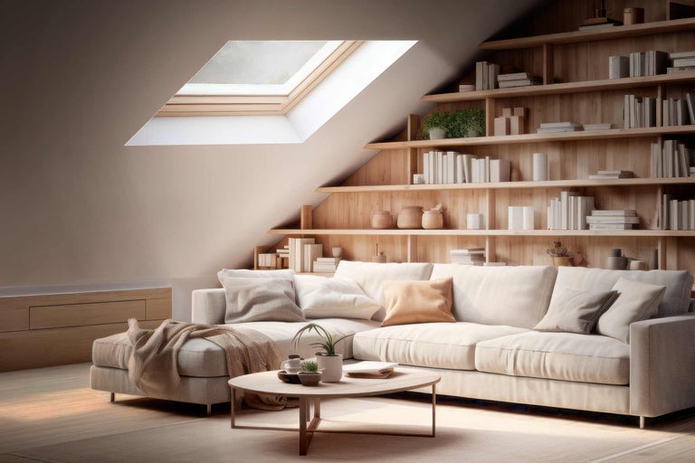 Wohnzimmer mit Ecksofa, Couchtisch und Bücherregal unter einem Dachfenster