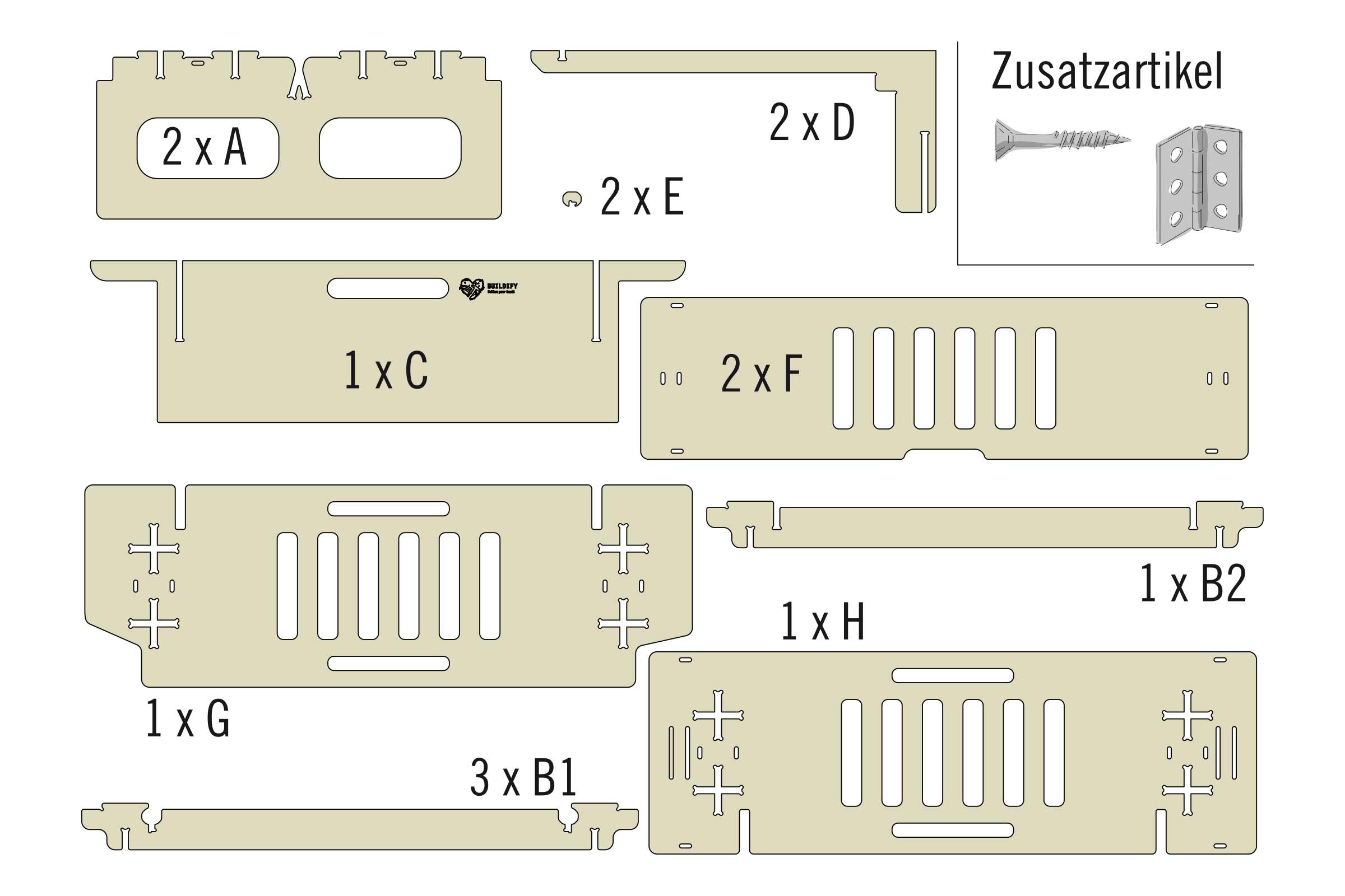 Illustration der Einzelteile und Zusatzartikel für ein DIY Projekt