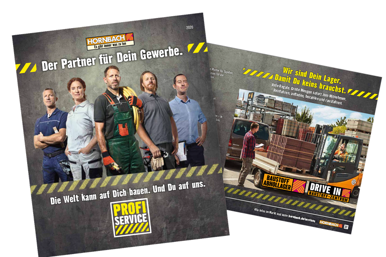 Hornbach Werbekampagne für Gewerbekunden mit dem Slogan 'Der Partner für Dein Gewerbe' und dem Profi Service.