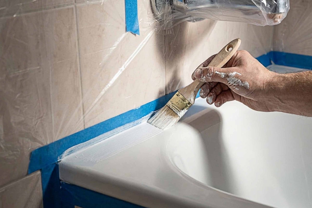 Eine Person streicht eine Badewanne mit einem Pinsel. Malerband schützt die umliegenden Bereiche.