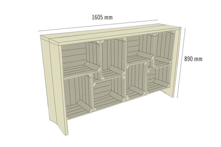 Regal mit neun Fächern, Abmessungen 1605 mm breit und 890 mm hoch