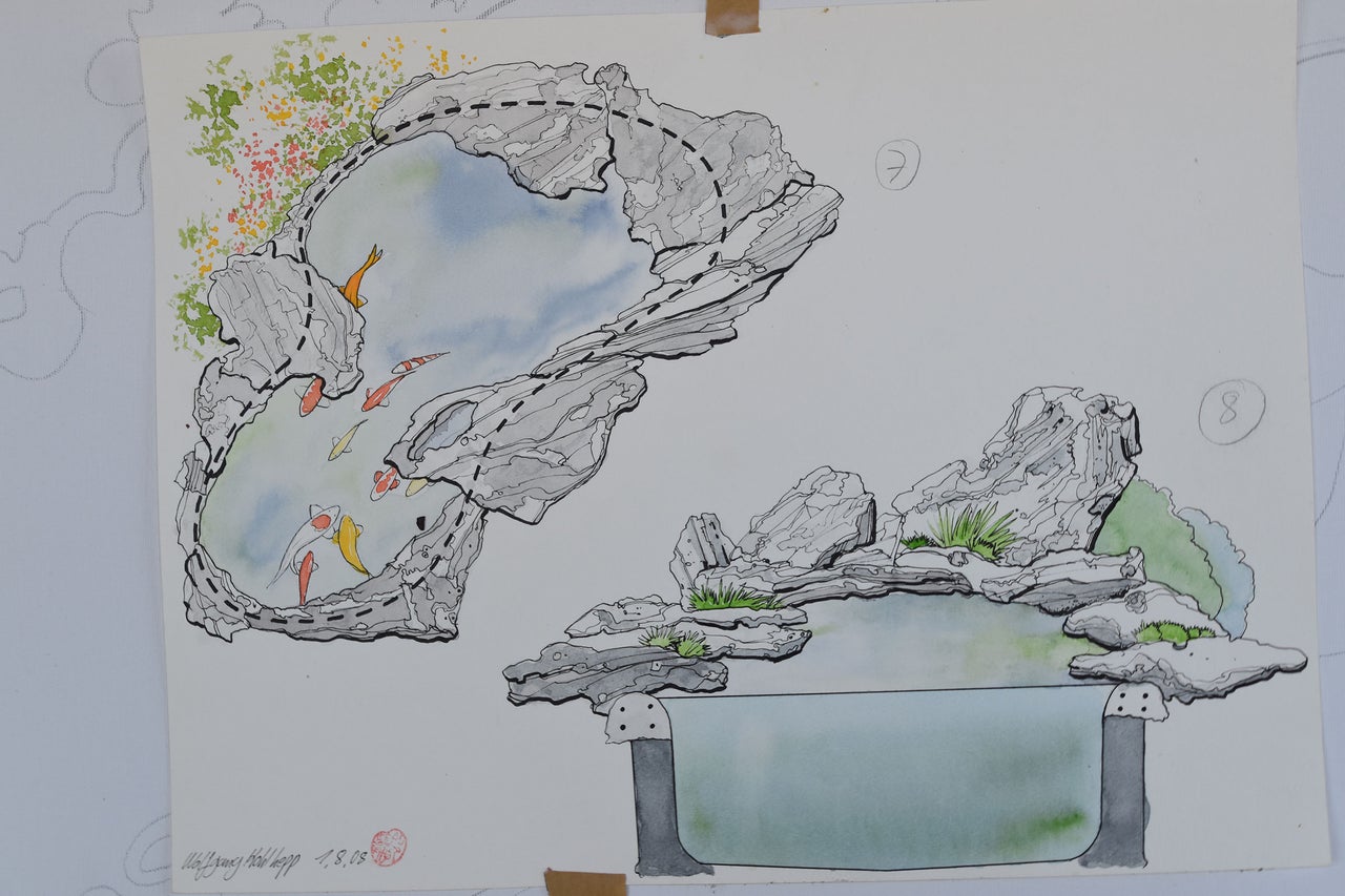 Zeichnung zweier Gartenteich-Designs mit Felsen, Pflanzen und Fischen