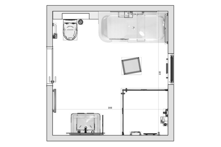 Draufsicht des Badezimmers mit Toilette, Badewanne, Waschtisch und Duschkabine.