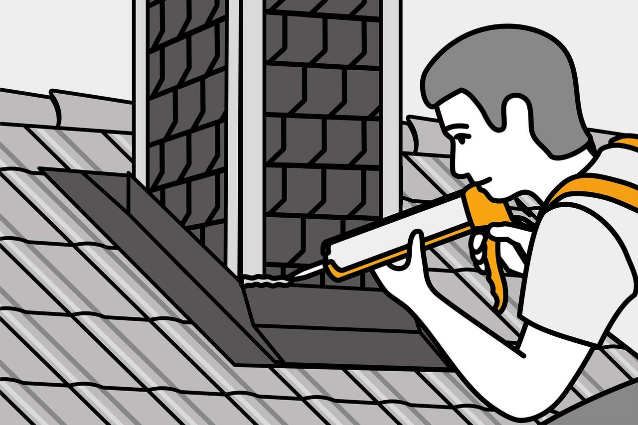 Illustration einer Person, die mit einer Kartuschenpistole eine Dachabdichtung vornimmt.