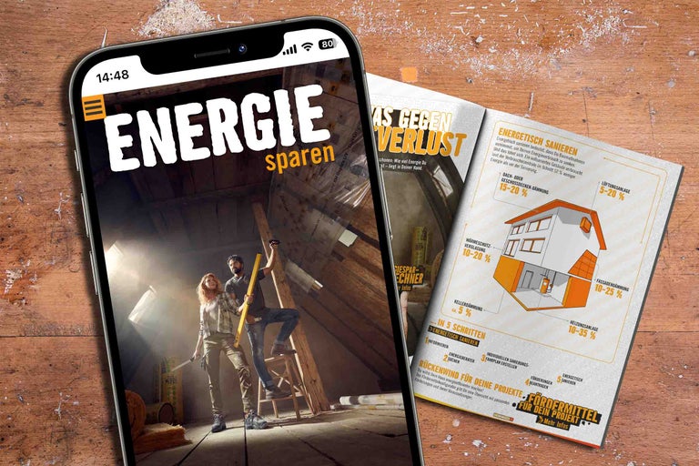 Smartphone-Display mit der Hornbach Energie Spar Kampagne und Broschüre zum Thema Energiesparen