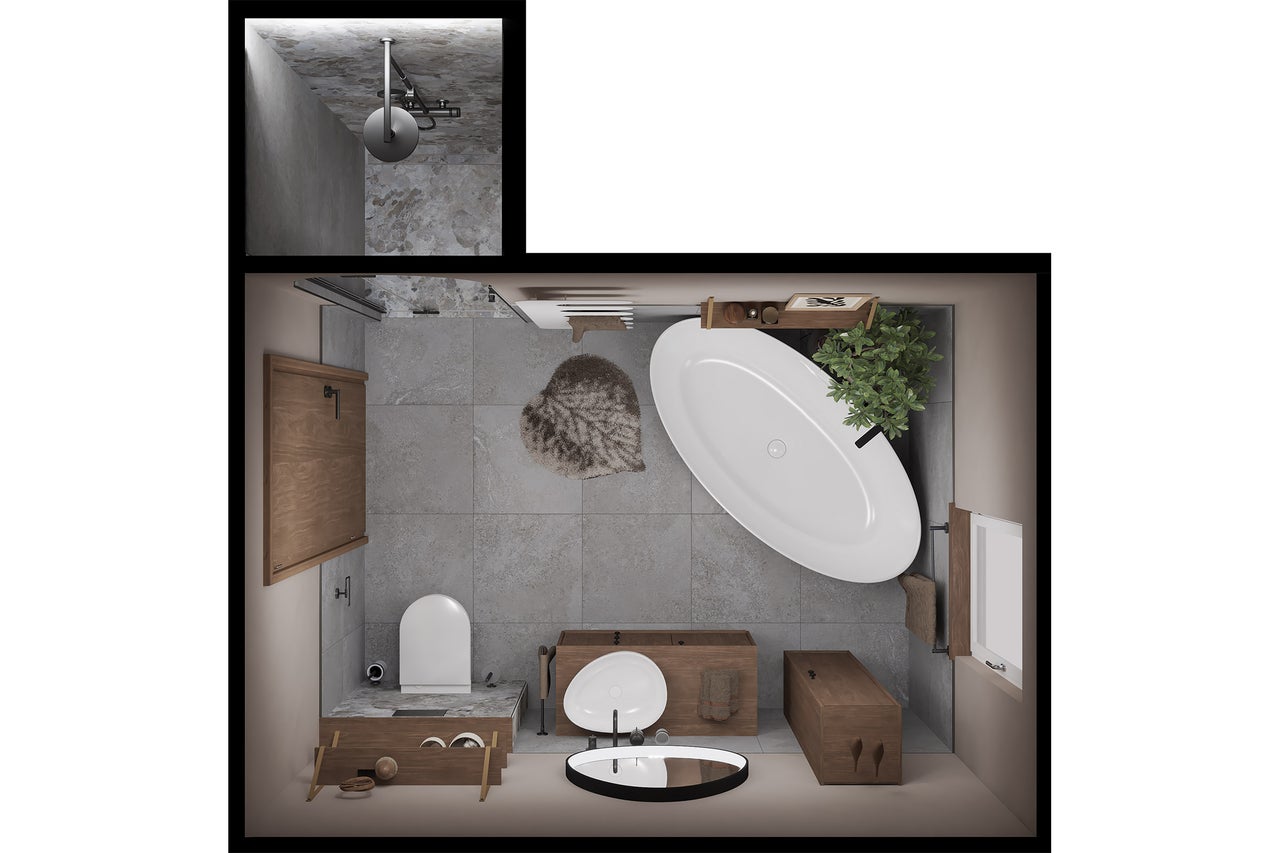 Draufsicht eines modernen Badezimmers mit Dusche, ovaler Badewanne, Waschtisch mit Holzunterschrank, Toilette und grauen Bodenfliesen in Steinoptik.