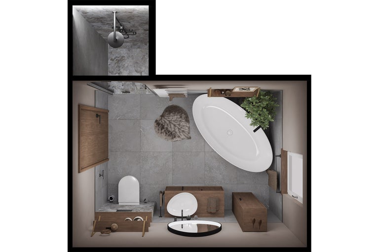 Draufsicht eines modernen Badezimmers mit Dusche, ovaler Badewanne, Waschtisch mit Holzunterschrank, Toilette und grauen Bodenfliesen in Steinoptik.