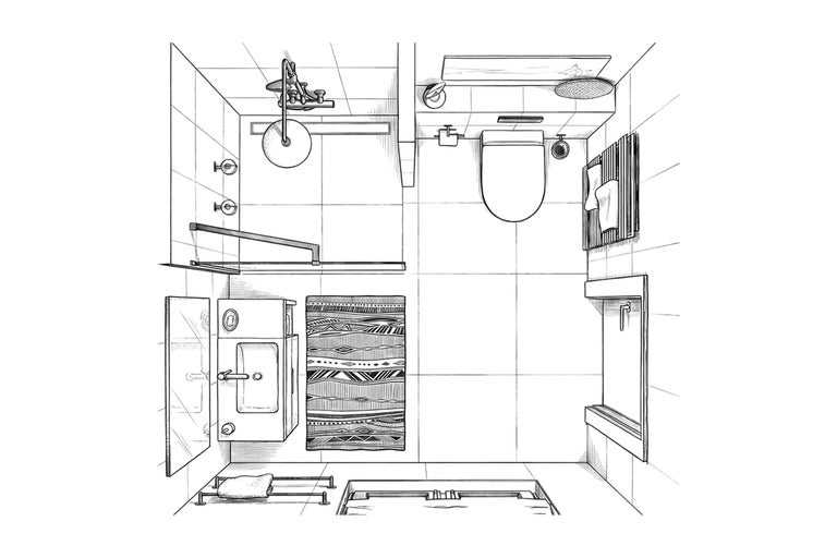 Draufsicht eines Badezimmers mit Dusche, Toilette, Waschbecken, Heizkörper, Fenster und Teppich