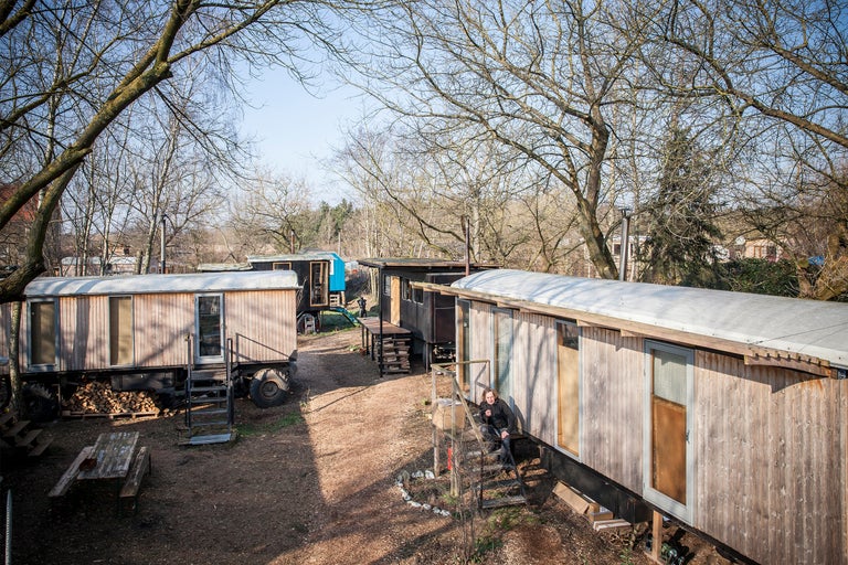 Ansicht von Bauwagen auf einem Grundstück unter Bäumen