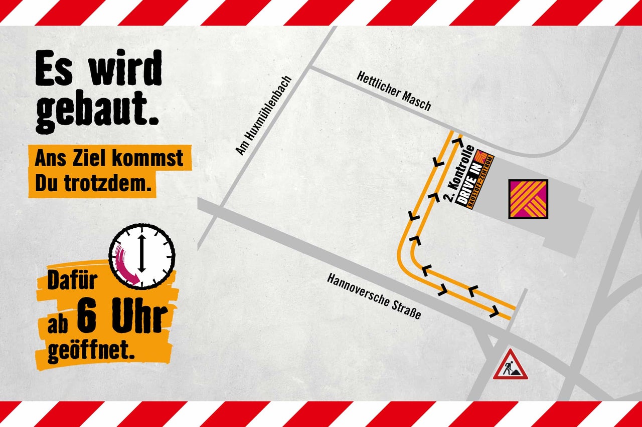  Anfahrtsplan zum Hornbach Drive In während Bauarbeiten. Geöffnet ab 6 Uhr. Wegführung über Hannoversche Straße. Hornbach Logo. 