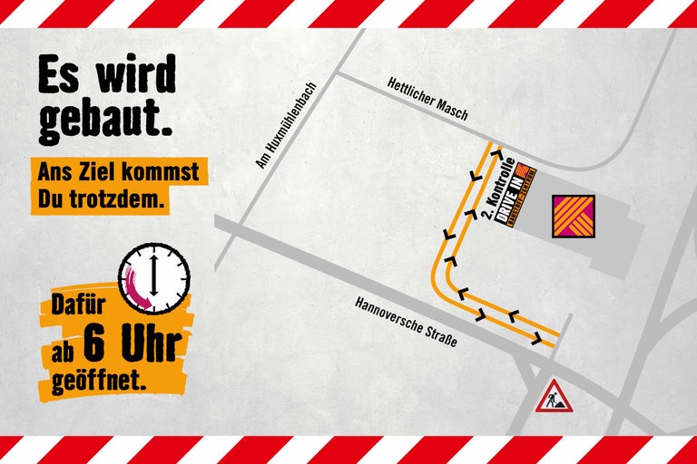 Anfahrtsplan zum Hornbach Drive In während Bauarbeiten. Geöffnet ab 6 Uhr. Wegführung über Hannoversche Straße. Hornbach Logo.