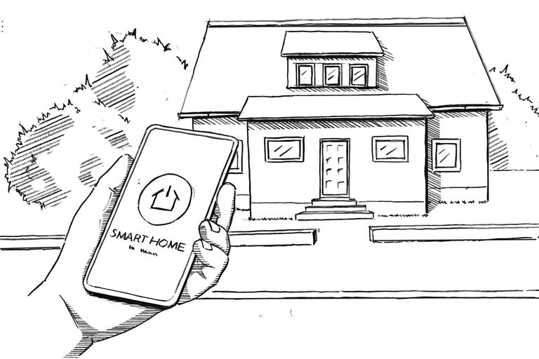 Illustration eines Smartphones mit Smart Home App vor einem Haus.