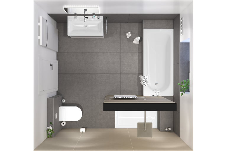 Vogelperspektive eines Badezimmers mit Badewanne, Waschbecken, Toilette und Fliesen