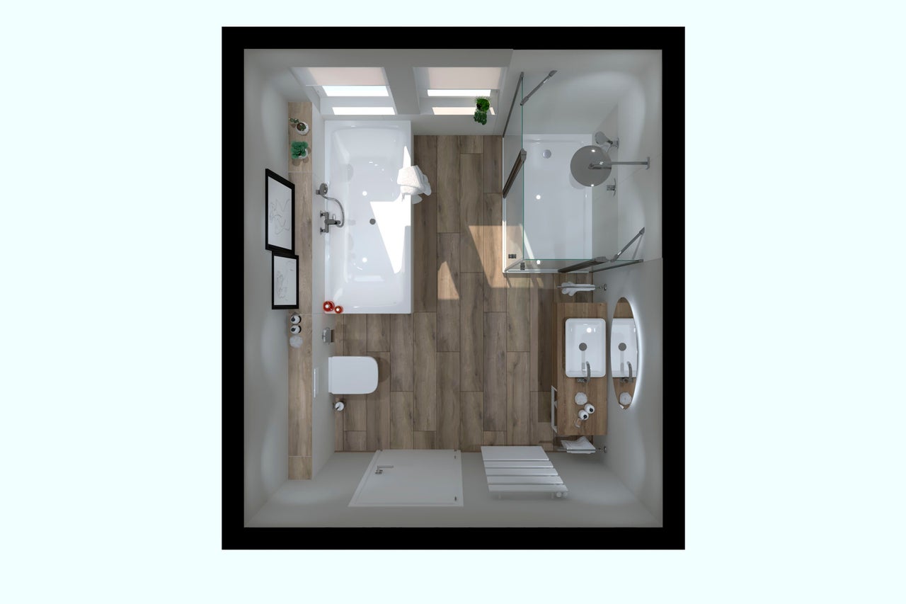 Draufsicht auf ein Badezimmer mit Badewanne, Dusche, Toilette und Waschtisch