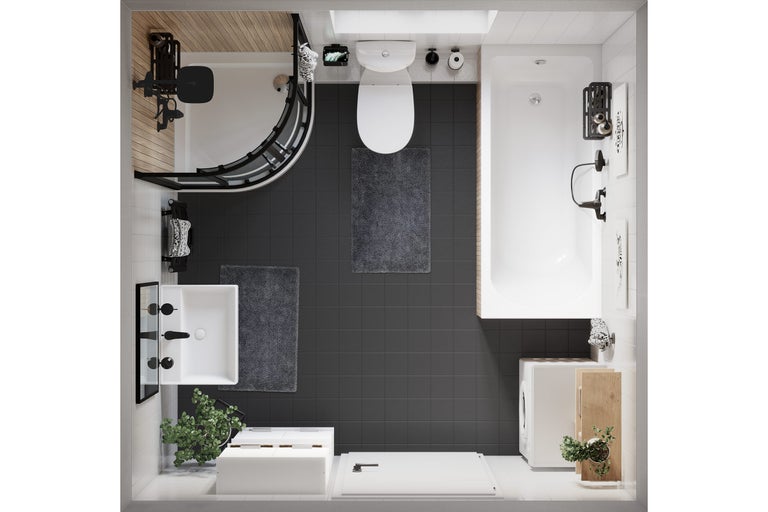 Draufsicht eines Badezimmers mit Dusche, Waschbecken, Toilette, Badewanne und Waschmaschine