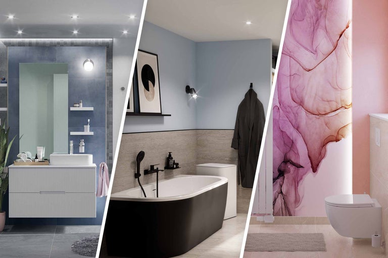 Drei Badezimmer in unterschiedlichen Designs und Farbgebungen, die Waschbecken, Badewannen und Toiletten zeigen