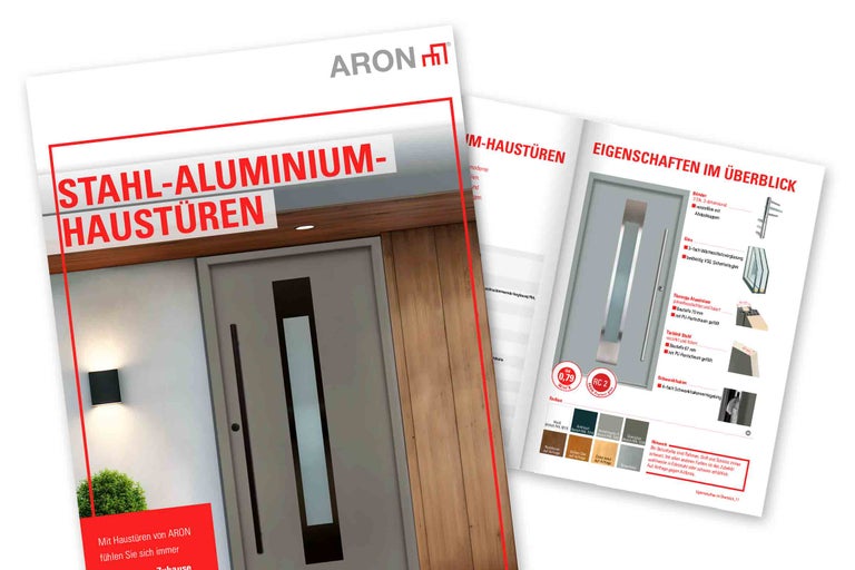 Produktbroschüre von Aron für Stahl Aluminium Haustüren mit technischen Details und Informationen zu Ausstattungsmerkmalen und Farben.