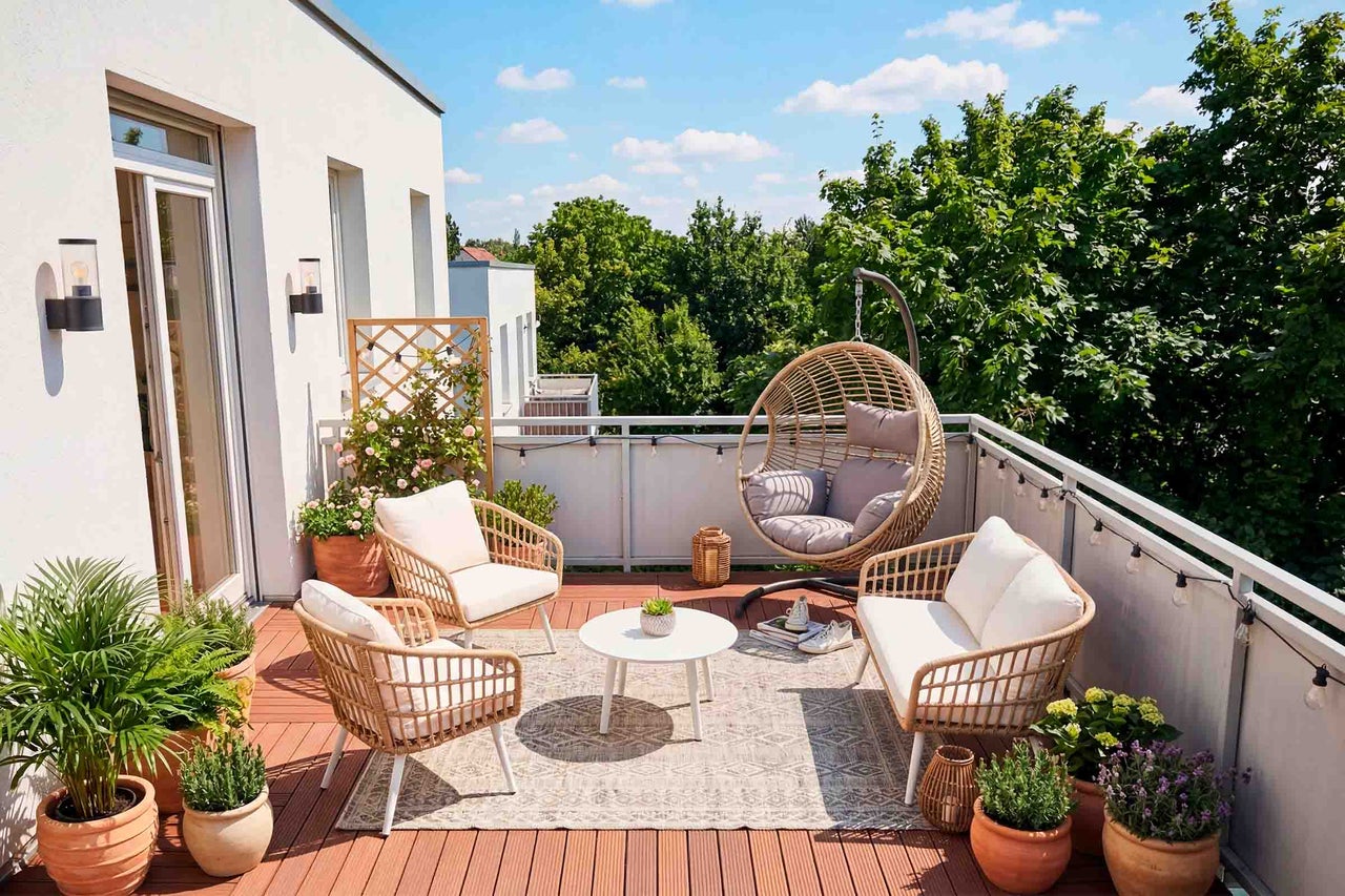 Hell gestalteter Balkon mit Lounge-Möbeln aus Geflecht, Hängesessel, Tisch, Teppich und vielen Pflanzen auf einer Holzterrasse.