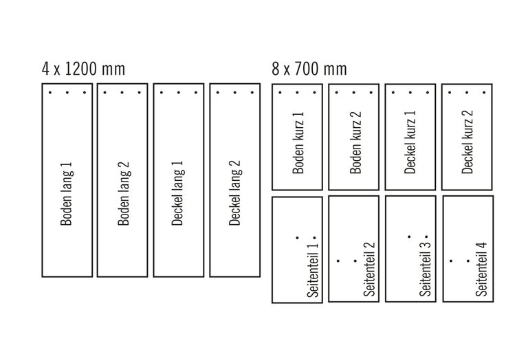 Abbildung von vier langen Bodenplatten mit den Maßen 4 x 1200 mm und acht kurzen Bodenplatten mit den Maßen 8 x 700 mm.