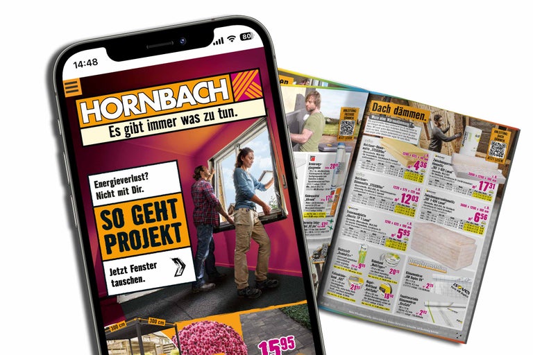 Auf einem Smartphone wird die Hornbach Webseite mit Angeboten zu Fenster- und Dachsanierung angezeigt.
