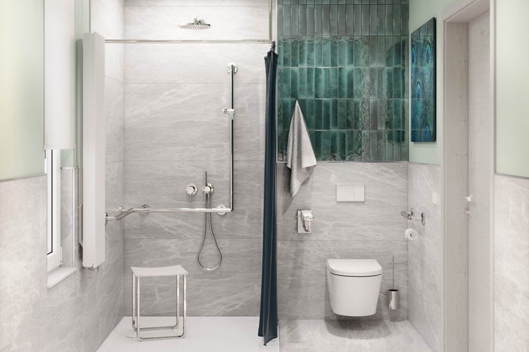 Modernes Badezimmer mit barrierefreier Dusche, Toilette und Waschbecken