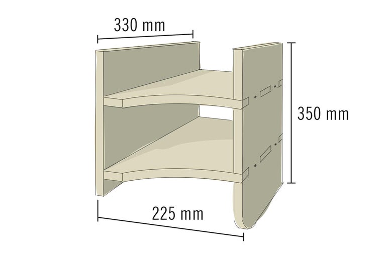 Illustration eines Regals mit den Maßen 330 mm Breite, 350 mm Höhe und 225 mm Tiefe.