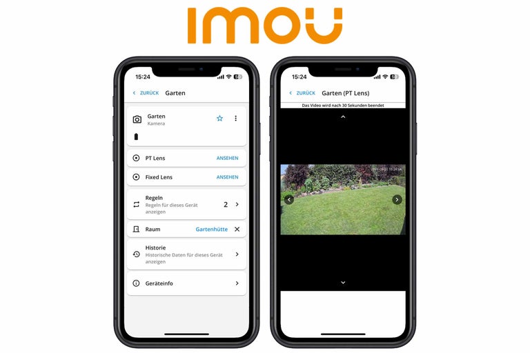 Imou Logo, zwei Smartphones mit geöffneter Imou App. Das linke Smartphone zeigt das Menü der Gartenkamera, das rechte Smartphone zeigt die Live-Ansicht der Kamera.