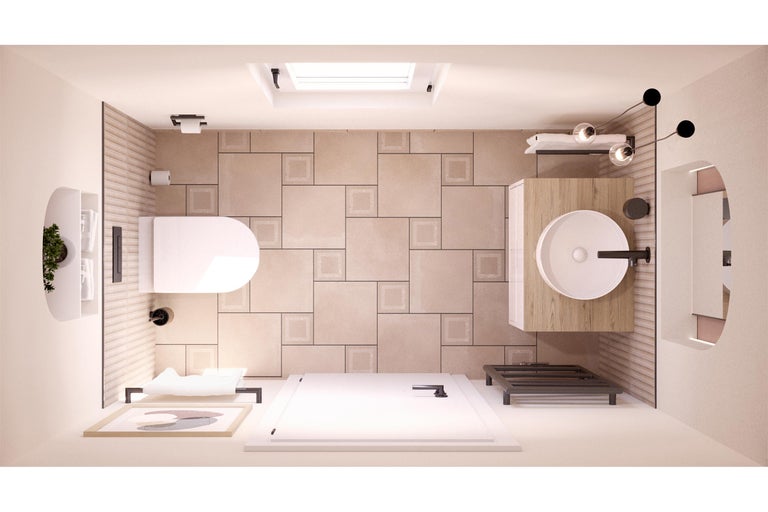 Helle Badezimmeransicht von oben mit Toilette, Waschtisch, Dusche und Accessoires