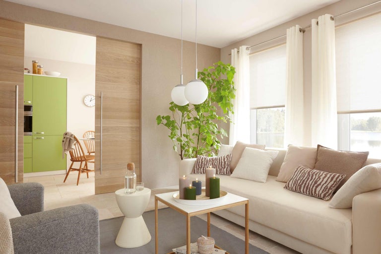 Heller Wohnraum mit Sofa, Tisch, Zimmerpflanze, Vorhängen und Schiebetür zum Essbereich