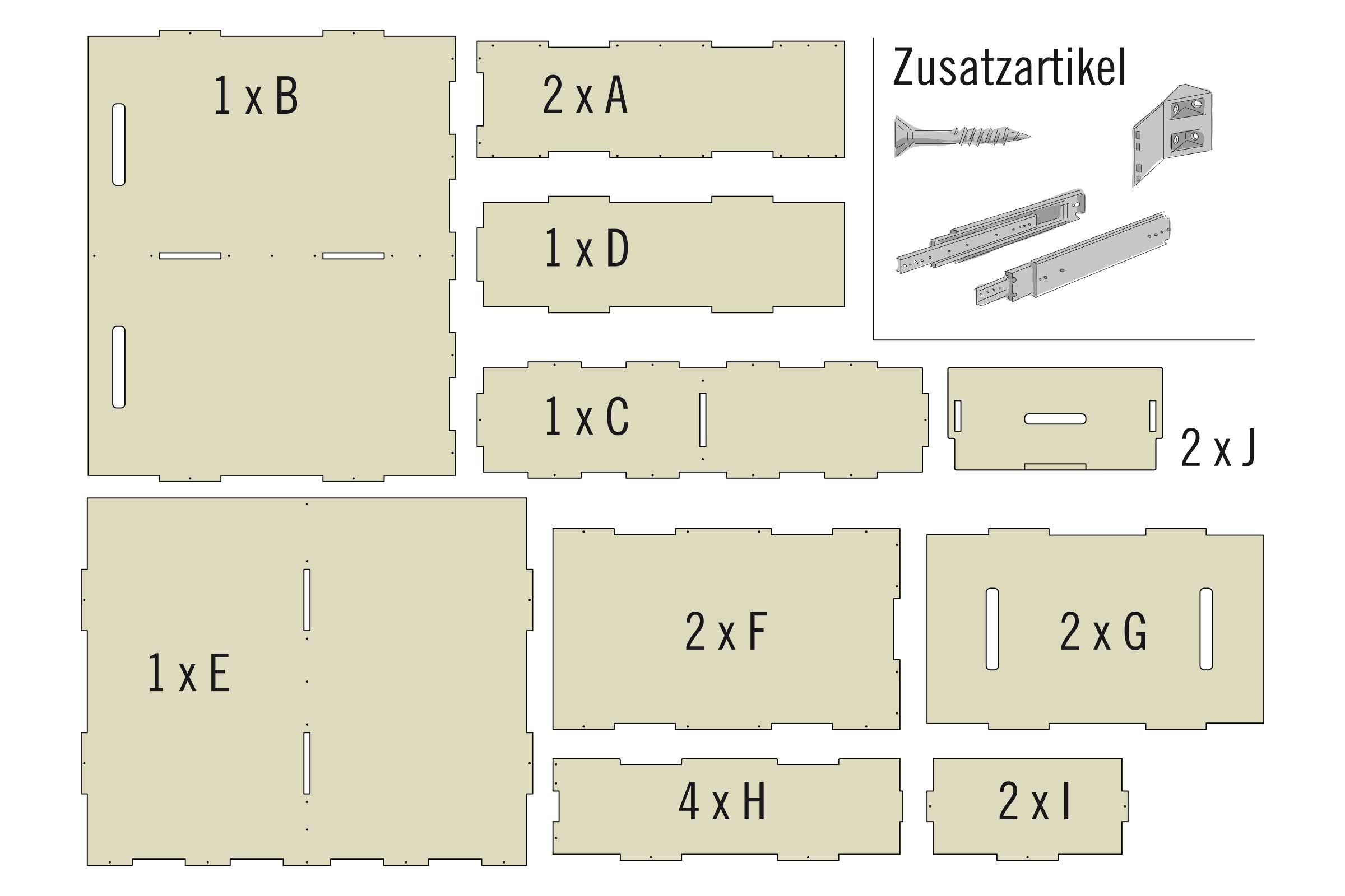 Einzelteile für ein Möbelstück mit Schrauben und Beschlägen