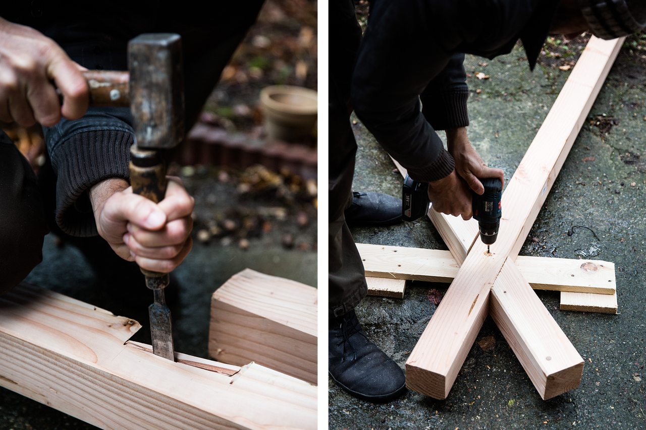 Holzarbeiten mit Hammer, Stecheisen und Akkubohrer